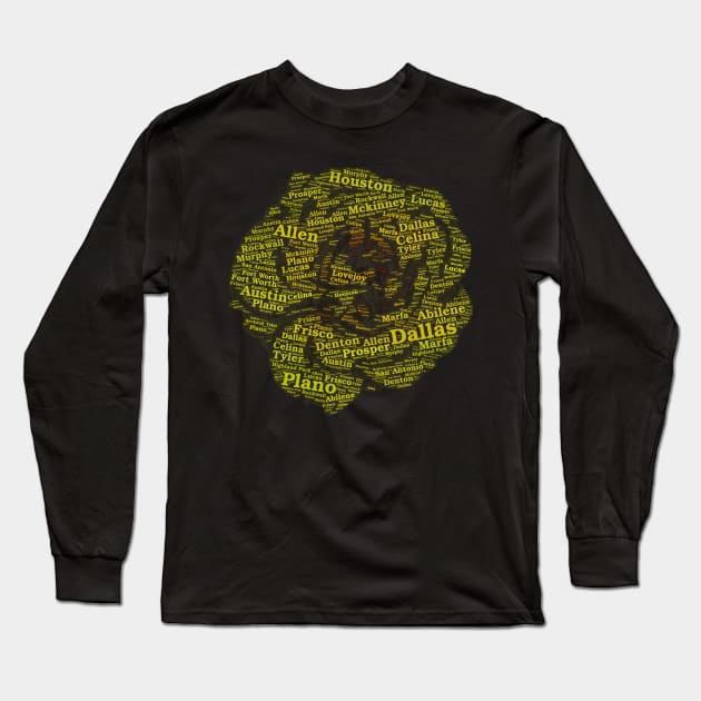 Yellow Rose of Texas Cities Towns Word Cloud Long Sleeve T-Shirt by BubbleMench